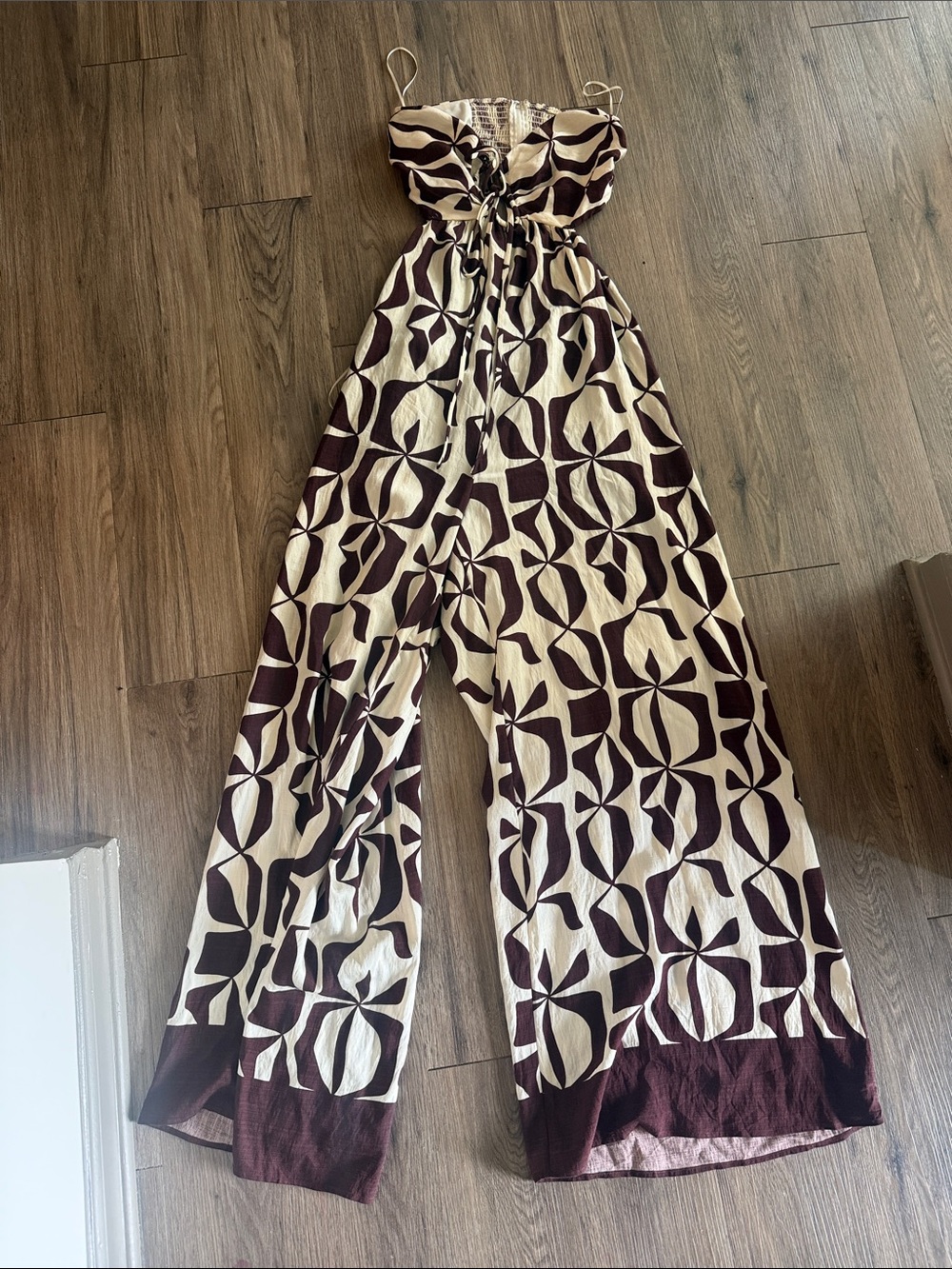 Fashion Nova Strapless Wide-Leg Jumpsuit in Cream & Brown Geometric